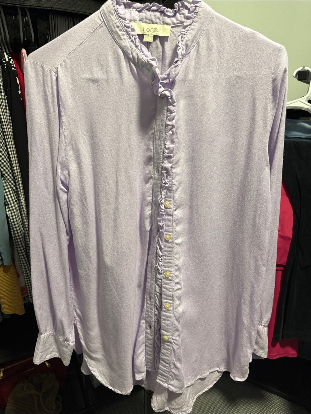LOFT Lavender Ruffle-Trim Button-Down Blouse - Picture 2 of 5